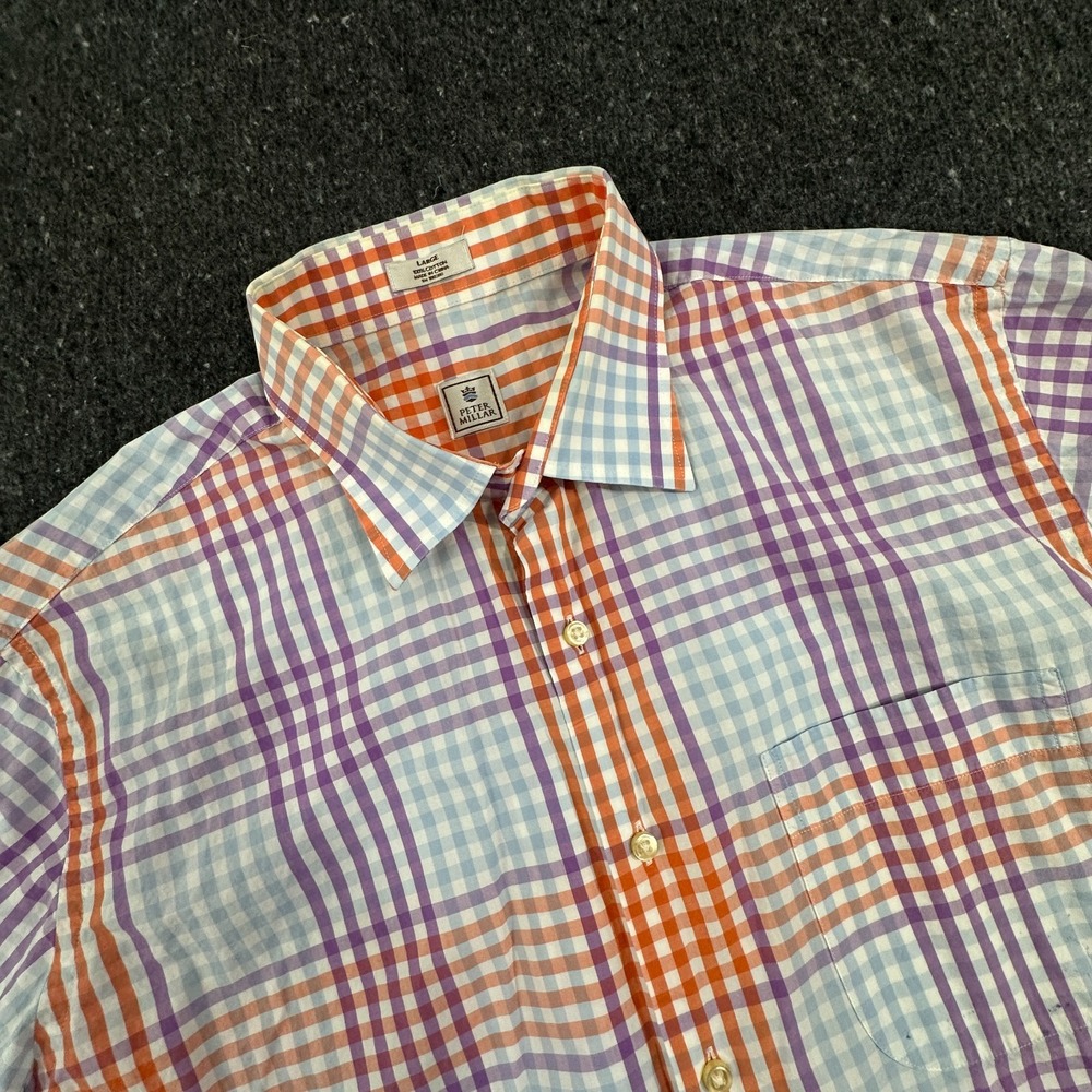 Peter Millar Shirt Collared Plaid Striped Linen Short Sleeve Button Size Large
